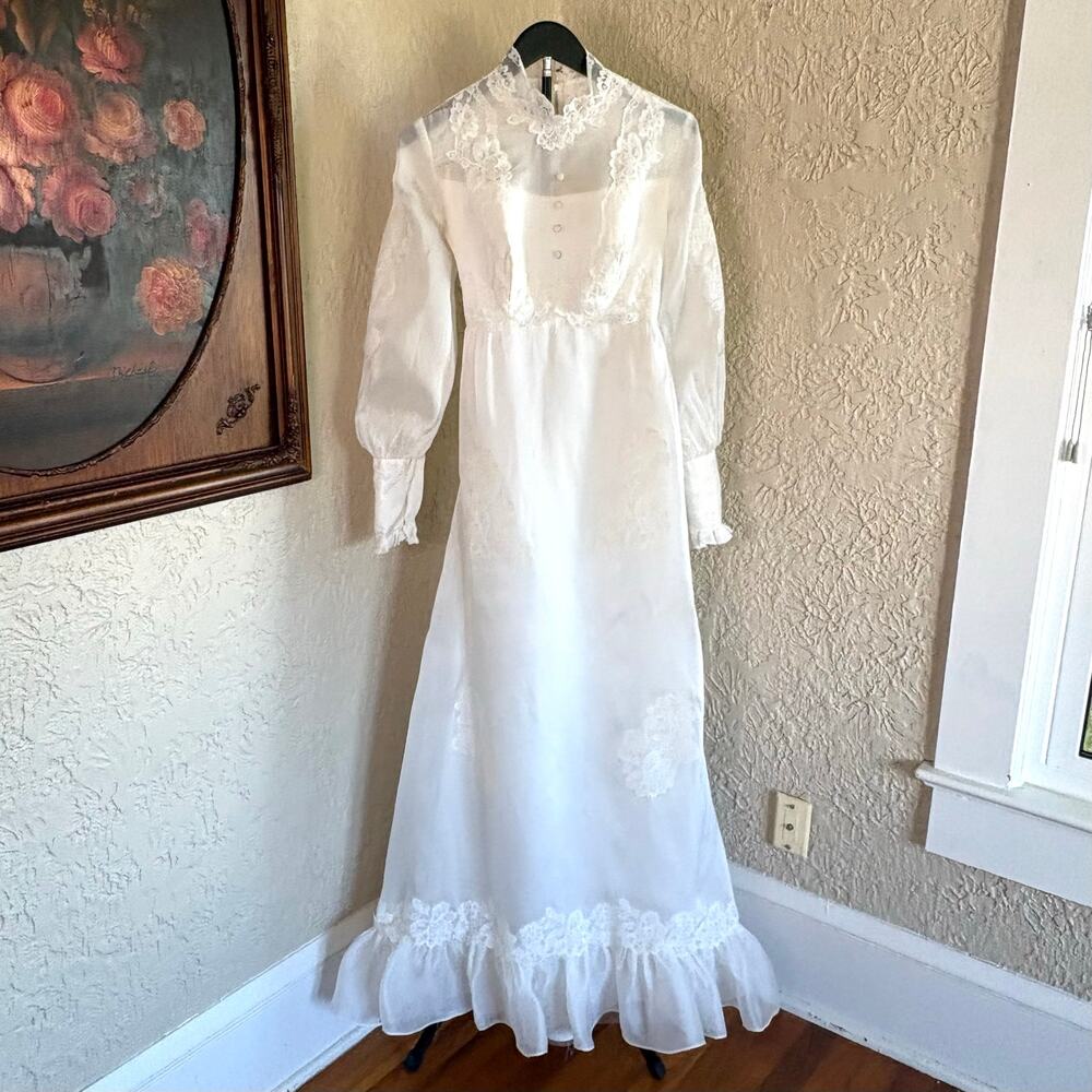Vintage 1970s Ivory Prairie Wedding Dress with Lace Ruffle Hem